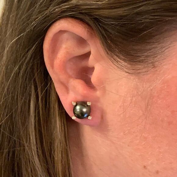 Diamond Large Tahitian Pearl Earrings 14k Gold 9.7 mm Certified $3,450 011914 - Picture 2 of 8